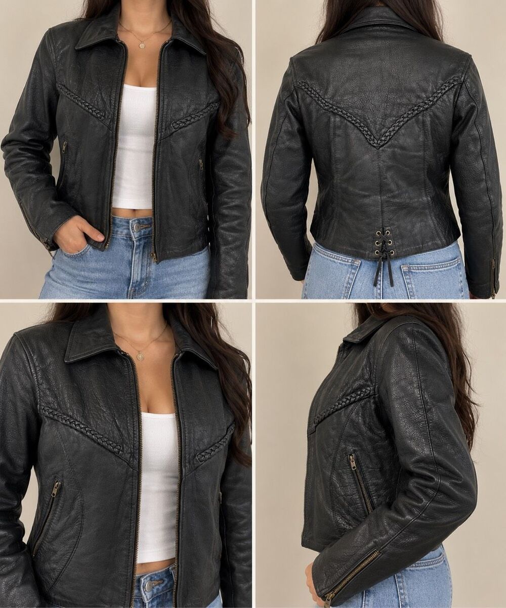 Vintage SHAF Leather Jacket S Black Braided Moto Biker Western 90s